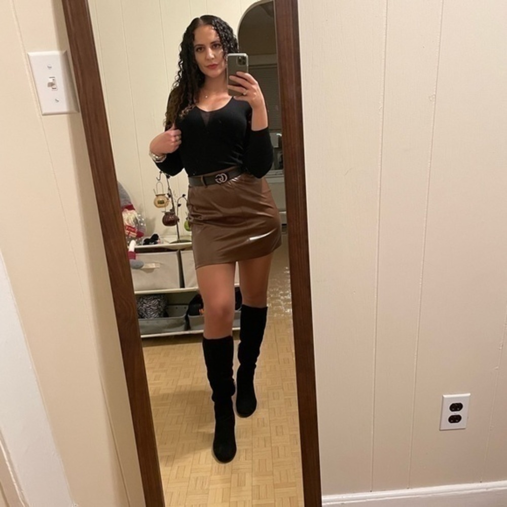 Kate Kasin Brown vegan Leather Mini Skirt Medium